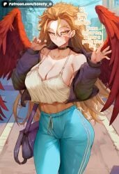 1girl 1girls abs ai_generated b34sty_0 big_boobies big_boobs big_breasts big_tits big_titties black_jacket blond_hair blue_pants blush boku_no_hero_academia boobs breasts crop_top cropped_jacket eyes genderswap genderswap_(mtf) girl golden_eyes hair hand_sign hawks_(my_hero_academia) jacket large_boobies large_boobs large_breasts large_tits large_titties long_hair looking_at_viewer muscular muscular_female my_hero_academia outdoors pants patreon red_wings rule63 rule_63 scar scar_on_face smile sports_pants standing staring_at_viewer street tits watermark white_crop_top wings wings_on_back woman