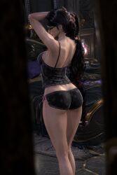 3d arms_up back_view bayonetta bayonetta_(character) bedroom big_ass black_hair panties spying tagme