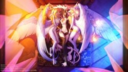 16:9 anthro avian_feet blush bodily_fluids breasts canid canine digital_media_(artwork) dragon dragonmaid_(yu-gi-oh!) dragonmaid_sheou duel_monster erection feathers female female/female fox genital_fluids genitals group gynomorph gynomorph/female hybrid intersex intersex/female knot knotted_penis konami littlepi looking_pleasured mammal mythological_creature mythological_scalie mythology nipples nude open_mouth penile penis saffira_queen_of_dragons scalie tail teeth trio widescreen wings yu-gi-oh!