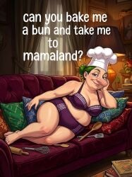 1girls ai_generated brown_eyes chef_hat female fusionfall green_hair impregnation_request lying lying_on_couch lying_on_side solo solo_female wayside