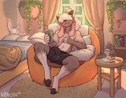 anthro balls bed bedroom big_balls big_penis black_body black_fur bottomwear bovid bulge caprine chair clothed clothing coffee_cup container cup detailed_background detailed_bulge digital_media_(artwork) fur furniture genitals goat hair hair_over_eyes hi_res holding_object hooves horn humanoid_genitalia humanoid_penis josh_(ventus-c) k0moya long_ears male mammal on_chair penis ponytail shirt shorts sitting sitting_on_chair smile solo t-shirt topwear white_body white_fur white_hair