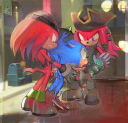 3boys alternate_universe anal_sex beanie blue_fur boots cheek_bulge crying crying_with_eyes_open detailed_background dripping_cum dubious_consent fellatio gloves grabbing_from_behind grabbing_wrists green_eyes knuckles_the_dread knuckles_the_echidna looking_at_partner netflix oral_penetration oral_sex pinklilim pirate pirate_hat pirate_outfit pulling_hair purple_eyes questionable_consent red_fur renegade_knucks scared scarred_body scars_all_over sega sharp_teeth sonic_(series) sonic_prime sonic_the_hedgehog sonic_the_hedgehog_(series) spitroast wrist_grab yaoi