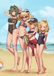 4girls beach beach_background bikini blonde_female blonde_hair breasts burnice_white caesar_king feet frilled_bikini frilled_swimsuit green_hair large_breasts luciana_de_montefio medium_breasts midriff navel one-piece_swimsuit piper_wheel school_swimsuit small_breasts swimsuit thighs zenless_zone_zero