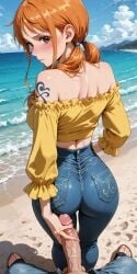 1boy 1girl ai_generated ass back bare_shoulders beach blue_pants blue_sky blush breasts brown_eyes closed_mouth cloud crop_top day denim erection frilled_shirt frills from_behind handjob hetero jeans long_hair long_sleeves looking_at_viewer looking_back low_twintails nami_(one_piece) ocean off-shoulder_shirt off_shoulder orange_hair outdoors pants patreon_username penis pov pov_crotch sand sandals shirt shoulder_tattoo sky solo_focus standing tattoo twintails uncensored veins veiny_penis water yellow_shirt