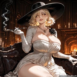 1girl ai_assisted ai_generated blonde_hair breasts candle cleavage cosplay curvaceous curvy curvy_female curvy_figure dress earrings elbow_gloves female flower gloves grace_ashcroft hat huge_breasts indoors jewelry large_breasts looking_at_viewer miyuai necklace resident_evil resident_evil_9:_requiem rose shiny_skin short_hair sitting smile smoke solo strapless thick thick_ass thick_butt thick_hips thick_legs thick_thighs thighs voluptuous voluptuous_female watermark white_gloves wide_hips wide_thighs witch_hat yellow_eyes