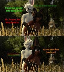 anthro antlers black_body black_border black_fur black_hair blush border breasts brown_body brown_fur canid canine caught_in_the_act comic dialogue embarrassed emma_(domi3d) female fox from_behind_position fur green_eyes group hair heart_symbol hi_res horn jackalope lagomorph looking_pleasured love_symbol_(prince) male male/female mammal mars_(monsoon_perfected) monsoon_perfected nipples nude outside_sex red_eyes sex standing standing_sex trio venus_(monsoon_perfected) white_hair