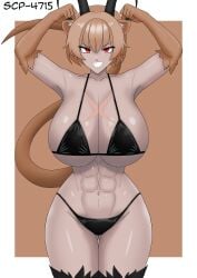 abs angry arms_up athletic bikini black_bikini brown_hair cat_ears cat_girl dominant female glistening_skin grin hands_behind_head horns huge_breasts kemonomimi large_breasts micro_bikini muscular_female red_eyes scp-4715 scp_foundation smirk solo sweat tail teasing thick_thighs toned wide_hips