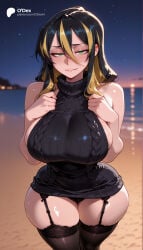 1girl 1girls absurd_res absurdres ai_generated albis_(tensei_shitara_slime_datta_ken) ass bare_shoulders beach big_ass big_breasts biting_own_lip black_dress black_garter_straps black_hair black_panties black_sweater black_thighhighs blonde_hair blurred_background blurry blurry_background blush breasts cartoon cartoony curvy depth_of_field dress female female_focus garter_straps green_eyes hair_between_eyes hi_res high_quality high_resolution highres huge_breasts large_ass large_breasts long_hair looking_at_viewer meme_attire multicolored_hair night odexai outdoors panties parted_lips ribbed_sweater sideboob sky sleeveless sleeveless_sweater sleeveless_turtleneck small_waist smile solo solo_focus straight streaked_hair sweater sweater_dress tensei_shitara_slime_datta_ken that_time_i_got_reincarnated_as_a_slime thick_thighs thighhighs thighs thin_waist turtleneck turtleneck_sweater two-tone_hair underwear virgin_killer_sweater wide_hips window