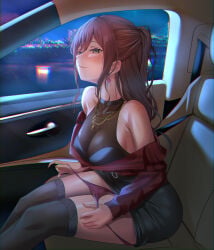 1girls :3 armpit_crease bang_dream! bare_shoulders black_dress black_thighhighs blush breasts brown_hair car car_interior car_seat car_window city city_background cleavage clothed collarbone dress ear earrings eyebrows_visible_through_hair female female_focus female_only fingernails furiousghafo green_eyes half_updo halter_dress halterneck imai_lisa lace_thighhighs large_breasts long_hair long_sidelocks long_sleeves looking_aside nail_polish necklace night night_sky off_shoulder_sweater outdoors panties panties_down panties_pull ponytail portrait red_panties red_sweater red_thong red_underwear reflection reflective_water sidelocks sitting sitting_on_seat smile smug smug_face solo solo_female sweater swept_bangs thighhighs thong thong_panties underwear very_high_resolution water