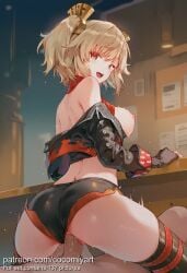 1boy 1girl 2026 ai_generated ass bare_shoulders black_gloves black_jacket black_shorts blonde_hair breasts breasts_out burnice_white clothed_female_nude_male clothed_sex clothing_aside cocomiyart cowgirl_position crop_top cropped_jacket fingerless_gloves from_behind girl_on_top gloves hair_ornament hetero highres indoors jacket large_breasts leather leather_jacket long_sleeves looking_at_viewer looking_back medium_breasts micro_shorts nipples nsfw off_shoulder open_clothes open_jacket open_mouth penis pussy red_eyes reverse_cowgirl_position sex sex_from_behind shirt short_hair short_shorts shorts smile solo_focus spiked_bracelet spikes straddling sweat teeth thighhighs twintails uncensored upper_teeth_only vaginal zenless_zone_zero