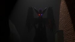 16:9 9_tails alley anthro canid canine car dark dark_alley feathers fox genitals glowing glowing_eyes hand_on_hip hand_on_side herm hi_res intersex knot knotted_penis kyu_vulpes kyuvulpes looking_at_viewer looking_down mammal multi_tail open_mouth open_smile overhead_lighting penis rexouium shadow smile solo standing tail vehicle widescreen wings