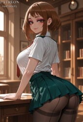 1girl ai_generated aqua_skirt arched_back artist_name ass bangs black_legwear black_pantyhose blurry_background blush blush_stickers boku_no_hero_academia book bookshelf breasts brown_eyes brown_hair brown_pantyhose classroom clock closed_mouth clothing collared_shirt cowboy_shot desk eyeshadow female female_only from_behind from_side green_skirt indoors large_breasts library light_particles looking_at_viewer looking_back makeup miniskirt my_hero_academia necktie ochaco_uraraka pantyhose patreon_username pink_eyeshadow pleated_skirt red_necktie school_uniform see-through see-through_shirt see-through_silhouette shirt shirt_tucked_in short_hair short_sleeves sidelocks skirt smile solo standing sunlight table tented_shirt thighband_pantyhose thighs u.a._school_uniform underbutt uniform uraraka_ochaco uraraka_ochako vantawaifu wall_clock web_address white_shirt window
