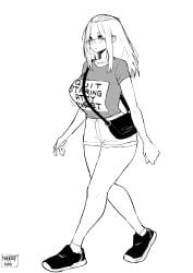 1girl absurdres adjusting_hair artist_name bag bangs_pinned_back between_breasts breasts casual clothes_writing curvy english_text folded_hair full_body glasses greyscale hair_pulled_back handbag highres inne_sulistya_robin large_breasts long_hair looking_over_eyewear monochrome motion_lines norman_maggot original print_shirt shirt shoes short_shorts shorts simple_background sneakers solo strap_between_breasts t-shirt thick_thighs thighs white_background