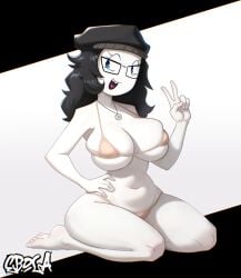 absurd_res beanie bikini black_hair blue_eyes cleavage ecolialust feet female female_only glasses hi_res large_breasts looking_to_the_side necklace peace_sign pose simple_background slim_waist smiling solo solo_female soyjak.party soytan swimwear thick_thighs