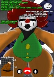 annoyed bedroom_eyes belt big_breasts black_lipstick blowing_kiss buttons clothed clothing clown clown_costume clown_makeup clown_nose dark_skin dark_skinned_male dialogue dirty_talk dot_the_clown_(lwd_cartoonz) erect_penis fully_clothed huge_breasts jerkingoff leotard lipstick lwd_cartoonz makeup outdoors plump_lips puckered_lips red_eyes red_hair spiky_hair sweatdrop thick_legs thick_lips thick_thighs video_call wide_hips