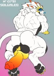 absurd_res animal_genitalia animal_penis anthro arm_tuft back_muscles ball_tuft balls biceps big_balls big_butt big_penis blue_eyes butt canine_genitalia canine_penis claws crossed_arms digitigrade elbow_tuft erection facial_tuft feet felid feline fur generation_7_pokemon genitals hi_res huge_penis legendary_pokemon lion looking_at_viewer male mammal mane multicolored_body muscular muscular_anthro muscular_male nintendo nude pantherine pawpads penis pokemon pokemon_(species) presenting rear_view simple_background solgaleo solo tail toes tuft xyandrith