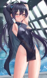 1girls absurdres armpits black_coat black_hair blue_archive blush bottomless braid braided_bun breasts butterfly_hair_ornament china_dress chinese_commentary coat commentary_request cowboy_shot double_bun dress female genryumon_(blue_archive) grey_eyes hair_bun hair_ornament halo highres indoors jixo_(user_nzhc8728) kisaki_(blue_archive) long_hair looking_at_viewer open_mouth pool poolside pussy rei_no_pool shanhaijing_secondary_school_student small_breasts solo that_pool thighs twintails uncensored wet