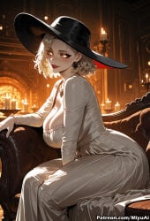 1girl ai_assisted ai_generated backlighting bed blonde_hair breasts candle cleavage cosplay curvaceous curvy curvy_female curvy_figure dress earrings female gloves grace_ashcroft hat indoors jewelry large_breasts long_dress long_sleeves looking_at_viewer miyuai parted_lips resident_evil resident_evil_9:_requiem short_hair sitting smile solo thick thick_ass thick_butt thick_hips thick_legs thick_thighs voluptuous voluptuous_female watermark white_dress wide_hips wide_thighs