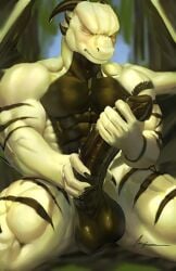 anthro big_penis dragon genitals holding_penis huge_penis male masculine muscular muscular_male mythological_creature mythological_scalie mythology penis scalie solo unknown_artist wings
