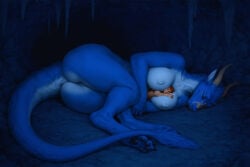 1boy 1girls ai_assisted anthro artist_request between_breasts dragon dragon_girl eragon eragon_(character) fully_nude fur furry giant_breasts giantess highres horns lying naked paws saphira sleeping wide_hips wings