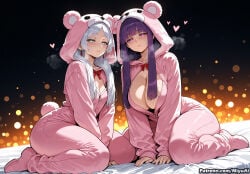 2girls ai_assisted ai_generated animal_costume bangs blue_eyes blush bow breasts cleavage closed_mouth curvaceous curvy curvy_female curvy_figure eyebrows_visible_through_hair female fern_(sousou_no_frieren) frieren hair_over_breasts heart large_breasts long_hair long_sleeves looking_at_viewer miyuai multiple_girls no_bra pajamas purple_eyes purple_hair sidelocks silver_hair sitting sousou_no_frieren tail thick thick_ass thick_butt thick_hips thick_legs thick_thighs voluptuous voluptuous_female wide_hips wide_thighs