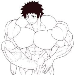 1boy abs big_balls big_penis draft erection hyper_muscles hyper_penis male male_only mlm4anemone muscle nipples nude original_character pecs penis sketch smile solo tagme testicles