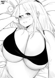 ... 1girl bangs_pinned_back bare_arms bare_shoulders bed breasts cleavage curvy facing_viewer glasses greyscale highres huge_breasts inne_sulistya_robin looking_at_viewer lying midriff monochrome norman_maggot on_back original parted_lips pillow solo speech_bubble spoken_ellipsis sweatdrop under_covers underboob upper_body
