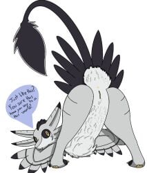 alpha_channel anonymous_artist anthro anus ass_up biped black_body black_feathers black_sclera butt claws digitigrade english_text feathers feet genitals hi_res multi_ear naive paws presenting presenting_anus presenting_hindquarters presenting_vulva sevrynn_the_anchor solo tail tail_feathers talons text thin_tail toes tongue vulva white_body white_feathers winged_arms wings yellow_eyes yellow_flesh yellow_paws yellow_tongue yellow_vulva