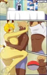 absurd_res anthro big_breasts breasts clothing comic comic_panel duo fan_character female generation_1_pokemon hi_res human imminent_sex inside looking_at_another looking_at_partner male mammal mature_anthro mature_female nintendo nude nude_female pikachu pok-zone pokemon pokemon_(species) poster undressing