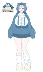 1girl big_breasts blush humanized humanized_pokemon mole_on_breast one_eye_closed pokemon skirt snorlax solo solo_female thick_thighs