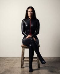 ai_generated black_clothes black_clothing bodysuit bree_davenport catsuit dark_eyes dark_hair davenport latex latex_clothing looking_at_viewer medium_breasts nipples_visible_through_clothing perfect_skin photo_shoot sexy simple_background sitting spandex staring staring_at_viewer stool tight_clothes tight_clothing wooden_stool