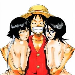 1:1 1boy 2girls accurate_art_style accurate_body_type ai_generated areolae arms_around_back arms_around_partner arms_around_waist back bare_arms bare_back bare_shoulders black_eyes black_hair bleach braid cel_shading clavicle cleavage closed_eyes clothed clothed_male_nude_female clothing collarbone completely_nude completely_nude_female crossover digital_media facial_scar facing_viewer female front_view girl_sandwich grin group hair_between_eyes hair_rings hair_tubes happy hat headwear hetero highres kuchiki_rukia light-skinned_female light_skin line_art looking_at_viewer looking_over_shoulder looking_pleasured male manga_style monkey_d_luffy multiple_girls naked naughty_face navel nude nude_female one_piece open_mouth out-of-frame_censoring parted_lips petite purple_eyes red_vest sandwiched scar scar_on_cheek scar_on_chest scar_on_face shiny_hair shiny_skin short_hair short_hair_with_long_locks side_by_side sideboob simple_background smile soifon standing straight straw_hat sui-feng tan_skin tan_skinned_male teeth teeth_showing thin_eyebrows tite_kubo_style upper_body vest white_background