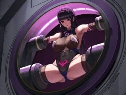 1girls armpits blunt_bangs body_modification bondage bound breasts clothing collarbone empty_eyes female female_only femsub hime_cut hozumi_shizuku immobilization large_breasts long_hair machine_bondage miyashiro_ryuutarou outstretched_arms parted_lips plusminus_restrained pubic_tattoo purple_eyes purple_hair restrained separated_arms separated_legs solo spread_legs stationary_restraints steel_bondage sweat sweaty tattoo