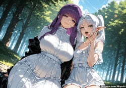 2girls ai_assisted ai_generated bangs bare_shoulders blush braid breasts curvaceous curvy curvy_female curvy_figure day dress earrings elf eyebrows_visible_through_hair female fern_(sousou_no_frieren) frieren green_eyes jewelry large_breasts long_hair looking_at_viewer miyuai multiple_girls open_mouth outdoors pointy_ears ponytail purple_eyes purple_hair see-through sidelocks silver_hair sitting smile sousou_no_frieren thick thick_ass thick_butt thick_hips thick_legs thick_thighs tongue tongue_out tree voluptuous voluptuous_female white_dress wide_hips wide_thighs