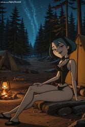 1girl ai_generated bare_legs black_eyes black_hair black_swimsuit breasts cartoon_network choker cleavage gwen_(tdi) half-closed_eyes hi_res high_quality high_resolution lantern makeup medium_breasts navel night night_sky outdoors palm_tree patreon sandals seductive sexy short_hair sitting sky smile solo spicytoonai total_drama_island tree uncensored watermark