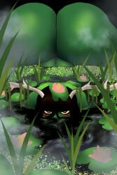 frijda frog frog_girl gigantic_ass imminent_vore korbaen looking_at_viewer monster_girl partially_submerged pov swamp_ass swamp_monster
