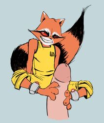 2017 3_toes anthro claws clothed clothing disembodied_penis feet foot_fetish footjob gay guardians_of_the_galaxy human human_on_anthro humanoid_penis interspecies male male_only mammal marvel penis procyonid raccoon red_eyes rocket_raccoon sex sharp_teeth simple_background smile tash0 teeth toe_claws toes