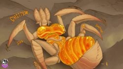 absurd_res anthro areola arthropod_abdomen big_breasts breasts brown_body eyeless fangs female genitals helldivers hi_res huge_breasts lying multi_limb navel nipples nude on_back orange_body phrenpai solo teeth terminid text vulva yellow_areola yellow_nipples