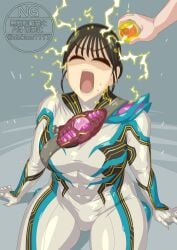 agent_six_(kamen_rider_zeztz) antiheroine black_hair bodysuit breasts defeated defeated_heroine defeated_villainess electricity eyes_closed kamen_rider kamen_rider_zeztz_(series) kureha_miyamoto lord_six miyamoto_kureha otokam1117 tagme thighs tokusatsu torture
