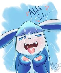 5:6 after_orgasm ambiguous_gender anthro blush blush_lines bodily_fluids bukkake cum cum_from_offscreen cum_in_mouth cum_inside cum_on_face cum_on_hand cum_on_tongue cumshot eeveelution ejaculation fangs generation_4_pokemon genital_fluids glacefrostbite glaceon heart_symbol hi_res nintendo open_mouth pawpads paws pokemon pokemon_(species) simple_background solo teeth text tongue tongue_out
