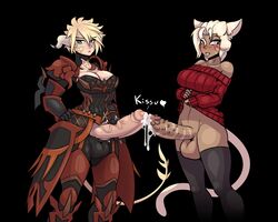 2futas animal_genitalia animal_genitalia_on_humanoid animal_humanoid animal_penis armor au_ra ball_bulge balls balls_in_panties barbed_penis blush bottomless bottomless_skirt cat_humanoid cleavage clothed clothing cum cum_drip cumshot curvy dripping duo ejaculation erection erection_under_clothes erection_under_skirt feline final_fantasy final_fantasy_xiv futa_on_futa futa_only futanari hands-free handsfree_ejaculation huge_penis humanoid humanoid_penis intersex large_balls legwear limebreaker looking_at_viewer mammal miqo'te panties panty_bulge penis penis_out penis_under_clothes penis_under_skirt rhela_(moonshines) rin_(spottyreception) scar skirt skirt_lift smile square_enix standing sweater swordfight thigh_highs video_games