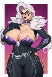 ai_generated black_cat_(marvel_rivals) catsuit choker felicia_hardy gloves green_eyes hand_on_hip hereticus huge_breasts marvel marvel_rivals purple_lipstick white_hair