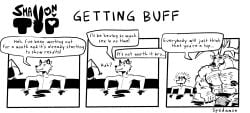 2boys abs anthro bara big_pecs big_sub buff canid canine dialogue english_text furry gay humor looking_at_another male male/male male_only muscular muscular_male pecs penis pool sad size_difference small_dom_big_sub smaller_male spedumon surprised swimming text wet workout