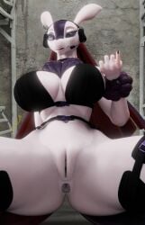 3d_(artwork) anthro anus arm_tuft beckoning big_breasts bottomless bottomless_anthro bottomless_female breasts butt butt_from_the_front chest_tuft clothed clothing colored digital_media_(artwork) electronics female genitals gesture headgear headphones headset legwear lovander low-angle_view pal_(species) palworld pocketpair solo synca thigh_highs tuft vulva wrist_tuft