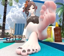 1girls 3d arm_support artist_name bare_legs barefoot beach beach_blanket beach_chair bikini blue_sky breasts brown_bikini brown_hair chiori_(genshin_impact) closed_mouth cloudy_sky drill_hair drill_ponytail eyewear_on_head feet female female_focus female_only flip_flops foot_fetish foot_focus foot_tease genshin_impact hair_ornament highres legs_crossed looking_at_viewer multi-strapped_bikini_bottom multicolored_hair red_eyes red_nails sandals sandals_removed sitting smile soles sunglasses sunglasses_on_head sunscreen swimsuit teasing teasing_viewer toes tozitansfwart