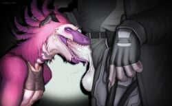 allosaurid allosauroid allosaurus anthro armor balls belt bodily_fluids claws clothed clothing club_(weapon) dinosaur dominant dromaeosaurid duo essenza facial_piercing feathered_crest feathered_dinosaur feathered_scalie feathers fellatio femboy fingerless_gloves fluffy_balls genitals gloves handwear head_crest hi_res holding_head holding_melee_weapon holding_object holding_weapon kneeling_oral_position larger_dom lip_piercing looking_at_another male male/male melee_weapon mozi_dakota musclegut muscular nightstick nipple_piercing nipples open_mouth oral penile penis piercing pink_body police police_officer police_uniform prehistoric_species razor_hess reptile saliva saliva_on_penis saliva_on_tongue saurischian scales scalie sex size_difference solo standing tears teeth theropod topwear uniform unzipped unzipped_pants vein veiny_penis weapon zipper
