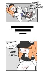 absurd_res angry anthro beanie black_clothing black_hat black_headwear black_shirt black_topwear blue_bottomwear blue_clothing blue_shorts blush bodily_fluids bottomless bottomless_anthro bottomless_female bottomwear breasts brown_hair chinchilla chinchillid cleavage clothed clothing cock_and_ball_torture comic cross-popping_vein dialogue duo eyelashes female genital_torture genitals grey_beanie grey_clothing grey_hat grey_headwear hair hat headgear headwear hi_res lagomorph leporid male male/female mammal orange_hair pain pink_bottomwear pink_clothing pink_shorts ponytail rabbit rodent shirt shorts speech_bubble tears text tina_(tonytoran) tony_(tonytoran) tonytoran topwear vulva