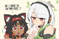 1boy 2girls anby_demara animal_ear_fluff animal_ears black_hair blush_stickers cat_ears commentary english_commentary english_text erection fang fellatio grabbing_another's_penis heart hetero highres lunatheri multiple_girls nekomiya_mana open_mouth oral penis red_eyes simple_background uncensored white_hair zenless_zone_zero