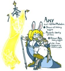 1girls amy_summers arm_armor big_breasts bikini_armor blonde_hair blue_eyes bunny_ears bunny_girl cape english english_text fur furry furry_female glowing_weapon grin grinning_at_viewer huge_ass jinti_(artist) paladin polearm rabbit_ears rabbit_girl solo solo_female spear text two-piece_swimsuit white_fur wide_hips
