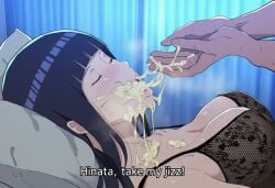 1girl ai_generated black_hair blush breasts bustybunz closed_eyes commentary_request cum cum_drip cum_eating cum_feeding cum_in_mouth cum_on_body cum_on_breasts cum_on_face cum_on_hands cum_string disembodied_hands eating_cum feeding_cum fishnets forehead_protector gokkun hinata_hyuga huge_breasts hyuuga_hinata long_hair lying_on_back naruto nipples on_back open_mouth pillow speech_bubble stray_pubic_hair sweat tagme tongue tongue_out